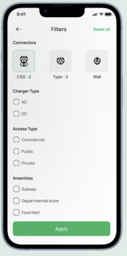 eFuel app filterscherm voor laadpunten
